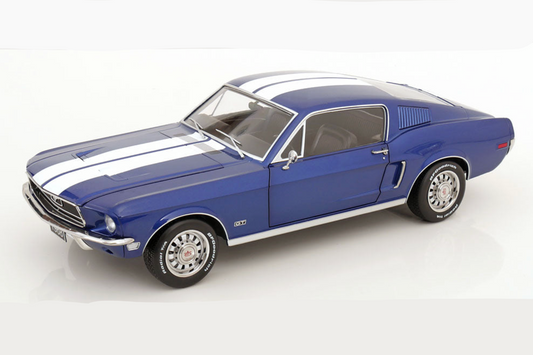 KK Scale 1968 Ford Mustang GT Fastback Blue w/ White Stripes 1:12