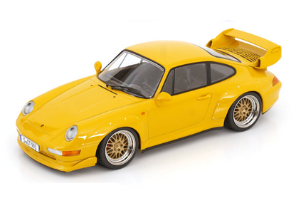 KK Scale 1996 Porsche 911 993 GT2 w/ Gold BBS Wheels Yellow 1:18