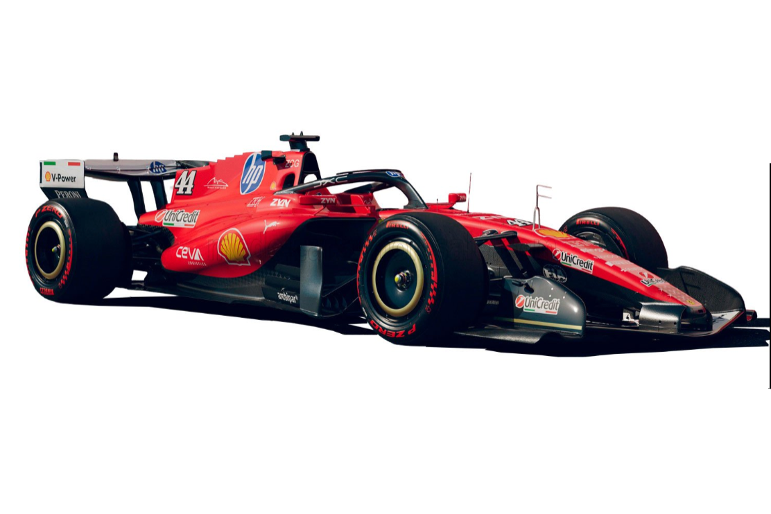 A red Ferrari Formula 1 race car with visible sponsor logos including Shell, Castor, and Pirelli, shown on a white background with black letterboxing bars.