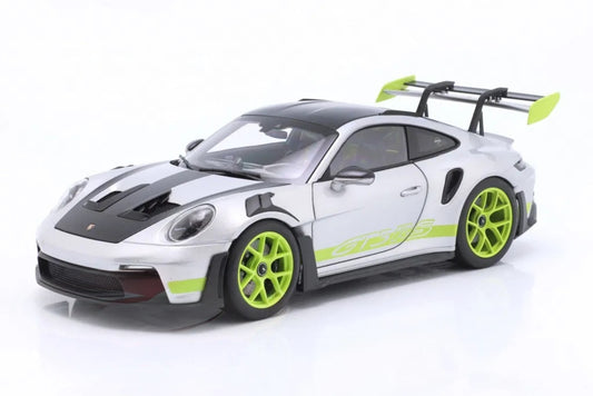 Minichamps 2022 Porsche 911 992 GT3 RS GT Silver w/ Weissach Package, Acid Green Wheels 1:18