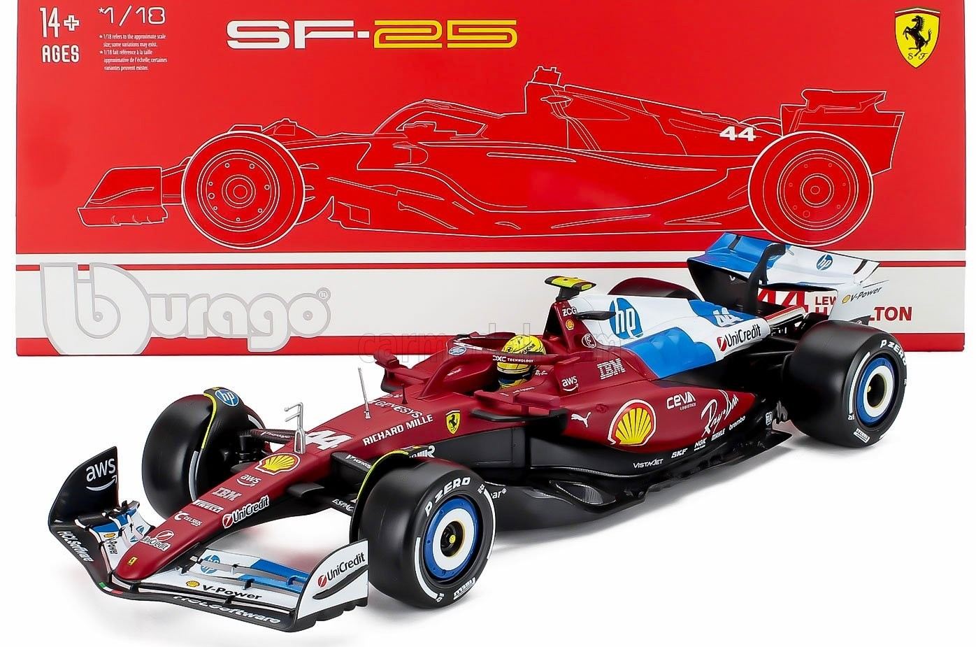 Bburago Ferrari F1 SF-25 Team Scuderia Ferrari HP #44 Miami GP 2025 (Hamilton) Red WITH CASE 1:18