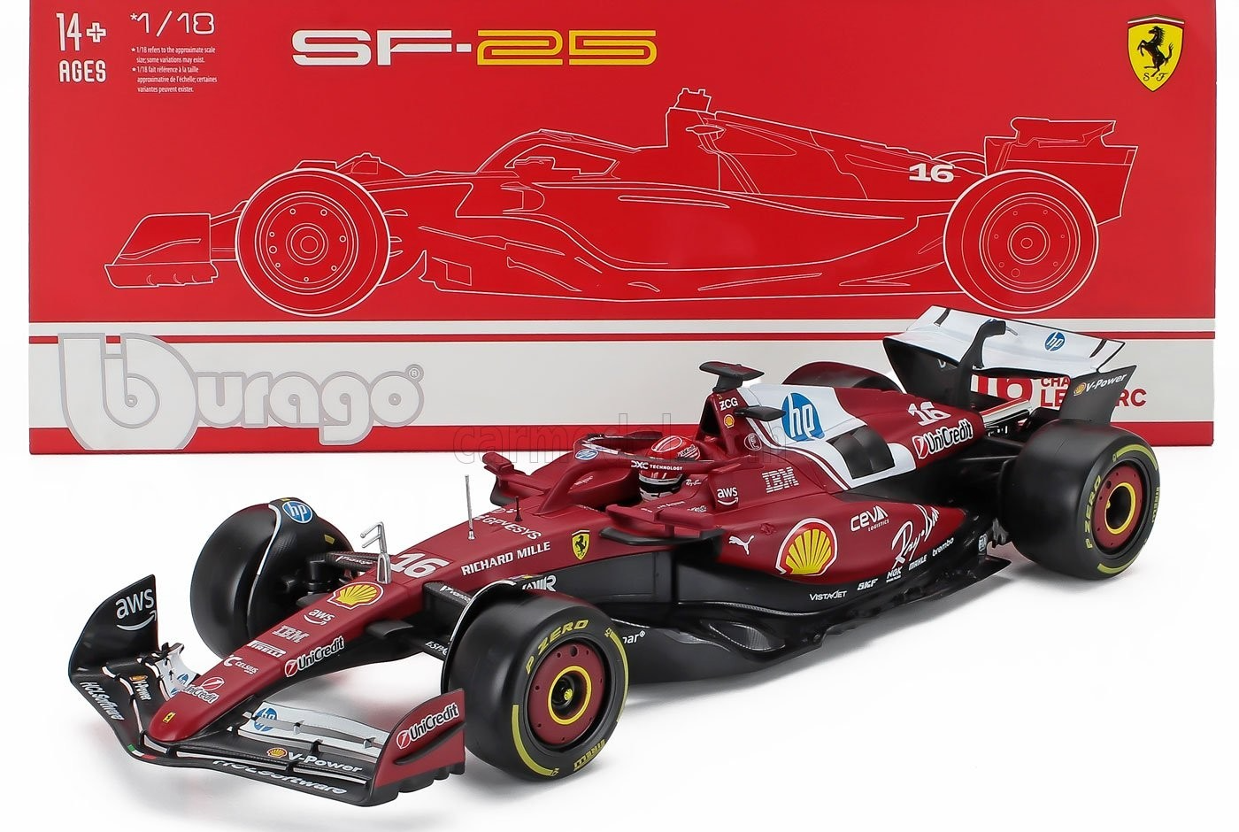 Bburago Ferrari F1 SF-25 Team Scuderia #16 (LeClerc) Season 2025 Red WITH CASE 1:18