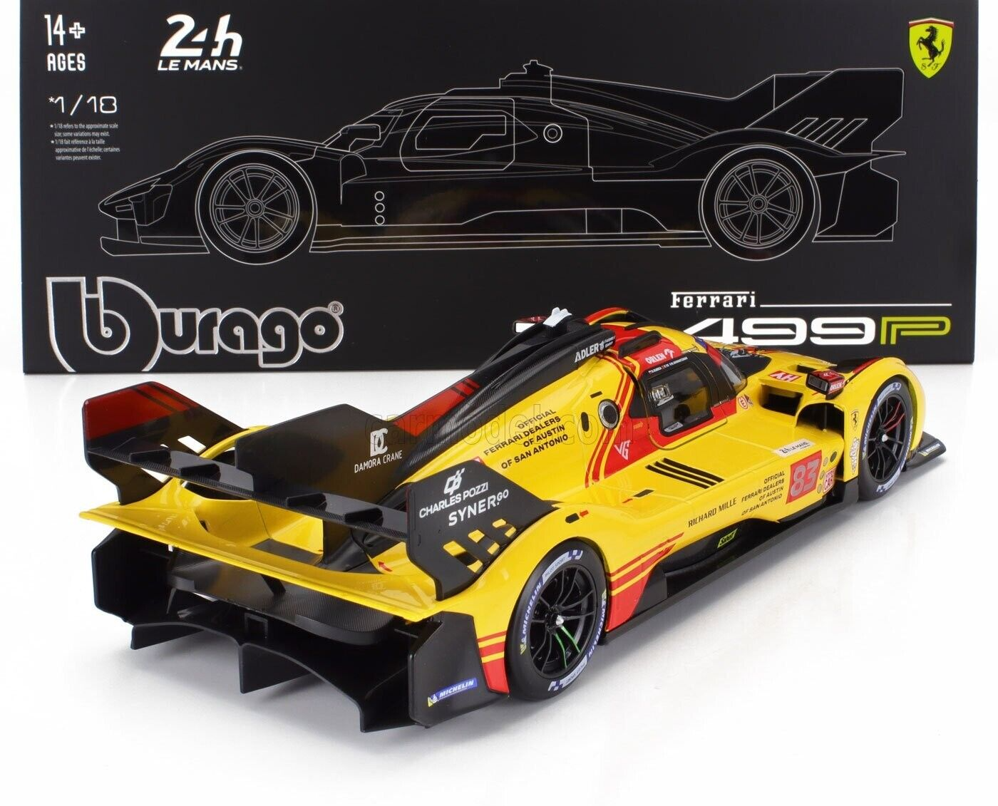 Bburago Ferrari 499P 3.0L Turbo V6 #83 Team Ferrari AF Corse 2025 24hr Le Mans - Yellow 1:18 WITH DISPLAY