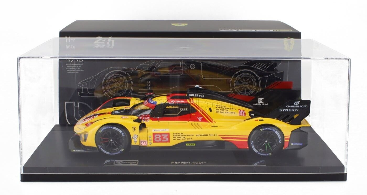 Bburago Ferrari 499P 3.0L Turbo V6 #83 Team Ferrari AF Corse 2025 24hr Le Mans - Yellow 1:18 WITH DISPLAY
