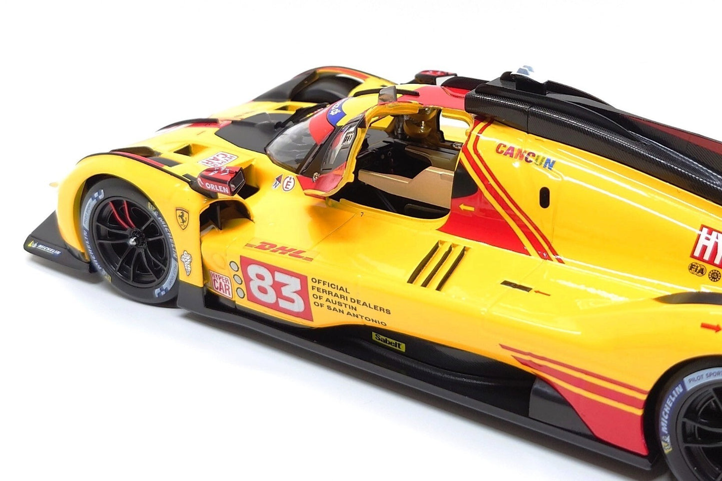 Bburago Ferrari 499P 3.0L Turbo V6 No 83 Team Ferrari AF Corse 4th WEC Qatar 2024 - Yellow 1:18