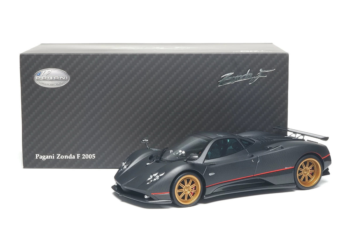 Almost-Real 2005 Pagani Zonda F Matte Carbon Black w/ Red Stripe 1:18